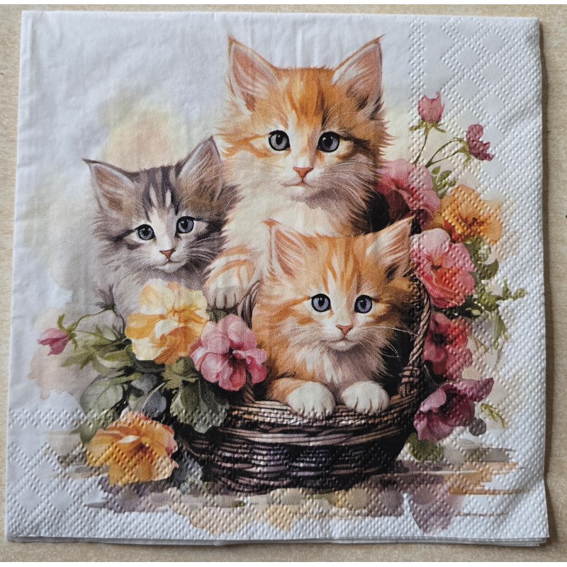 Serviette Drei Katzen im Blumenkorb
