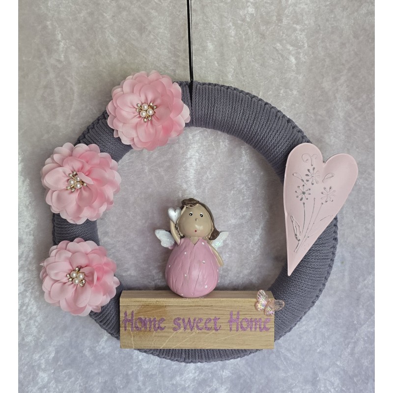 Tür/Wanddeko Ring Engel/Home sweet Home grau-rosa