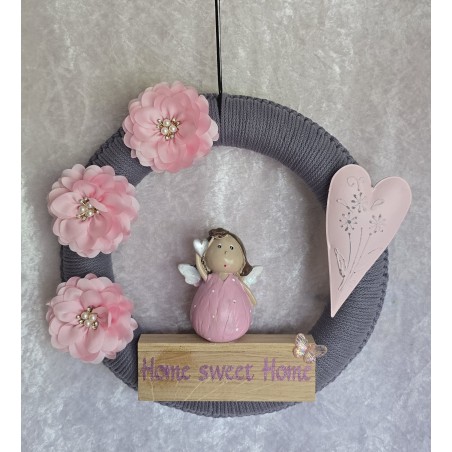 Tür/Wanddeko Ring Engel/Home sweet Home grau-rosa