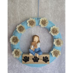 Tür/Wanddeko Ring Frau mit Hund/Blumen hellblau