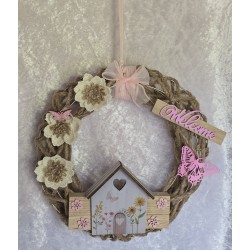 Tür/Wanddeko Jute Schnur Kranz Welcome/rosa-natur