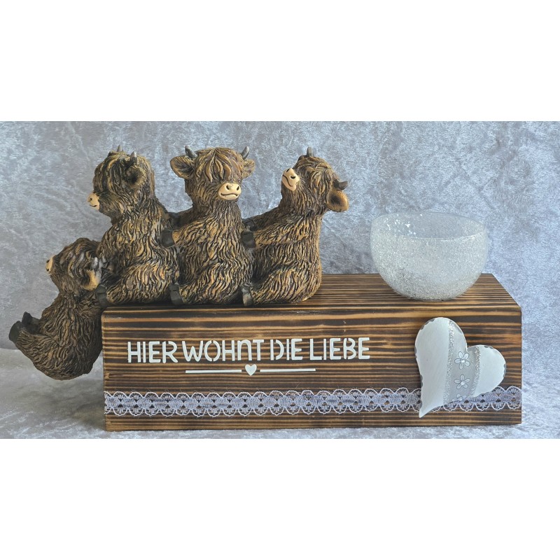 Teelicht Balken Vier Hochlandrinder/Hier wohnt die Liebe/geflammt
