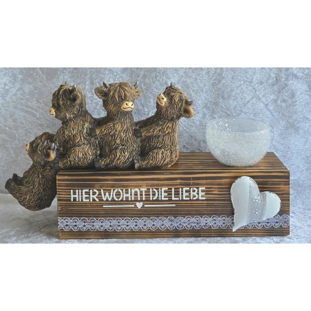 Teelicht Balken Vier Hochlandrinder/Hier wohnt die Liebe/geflammt