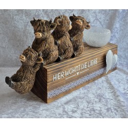 Teelicht Balken Vier Hochlandrinder/Hier wohnt die Liebe/geflammt
