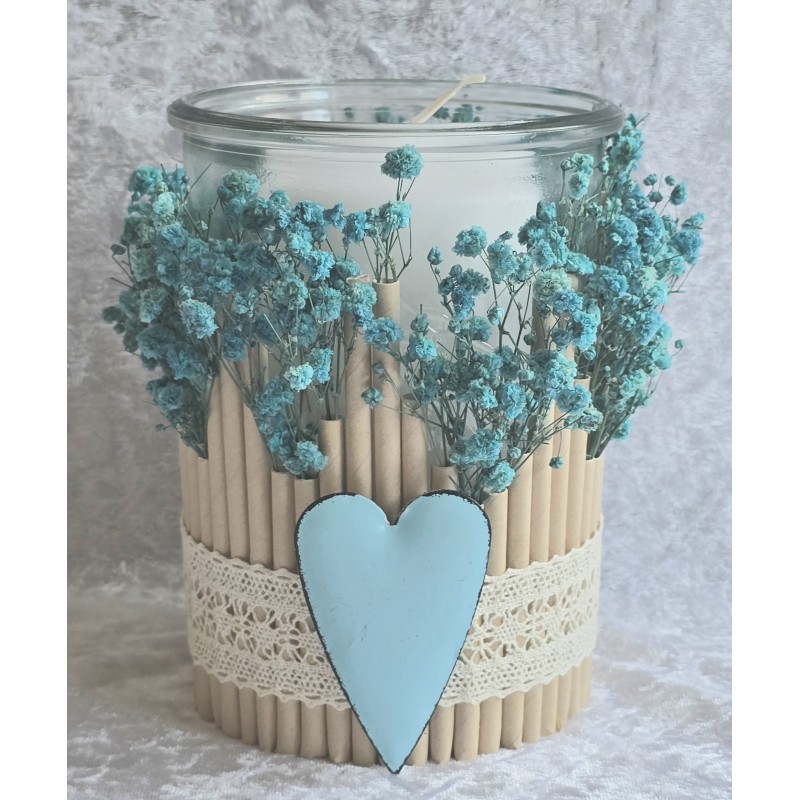 Kerzen Glas Trockenblumen türkis