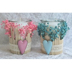Kerzen Glas Trockenblumen türkis