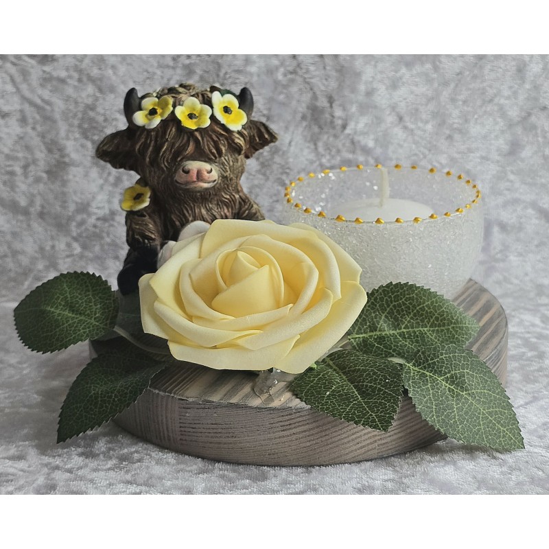 Teelicht Scheibe Hochlandrind/Rose gelb