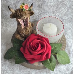 Teelicht Scheibe Hochlandrind/Rose rot