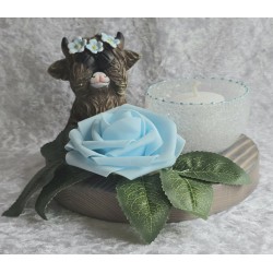 Teelicht Scheibe Hochlandrind/Rose hellblau