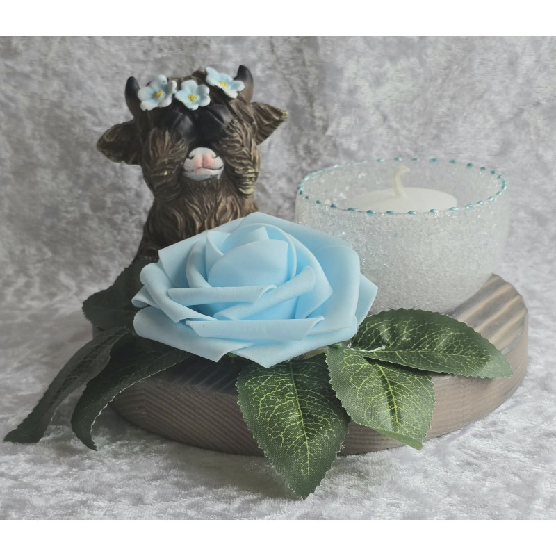 Teelicht Scheibe Hochlandrind/Rose hellblau