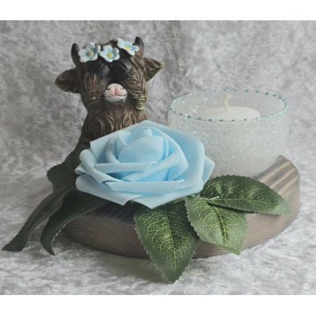 Teelicht Scheibe Hochlandrind/Rose hellblau