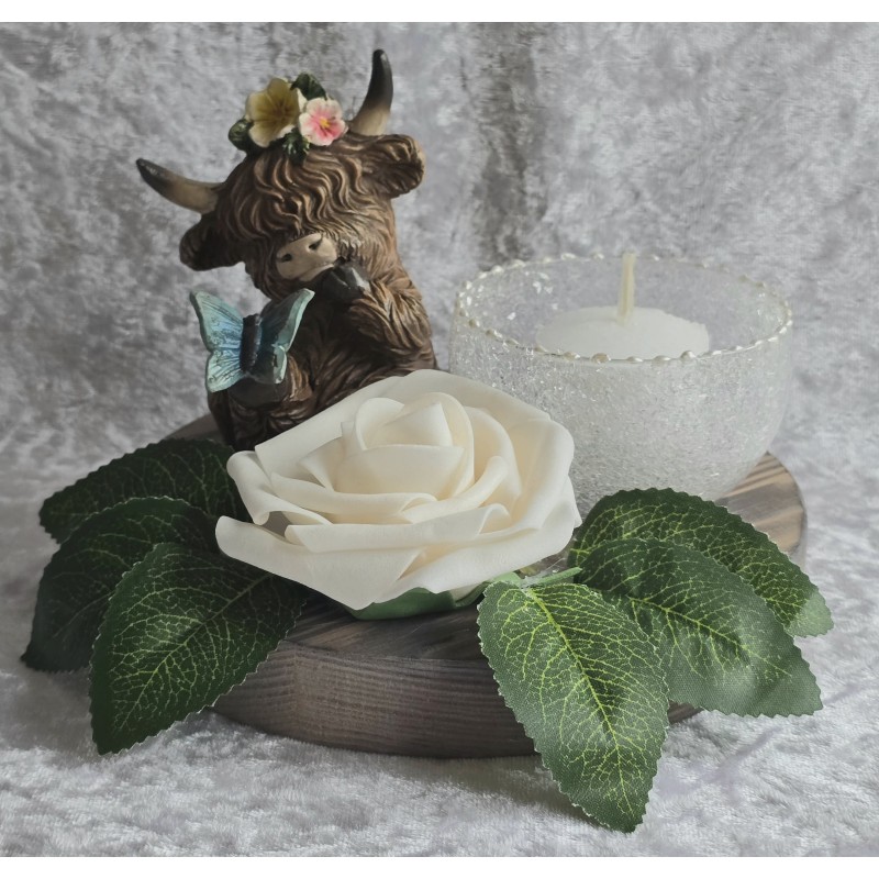 Teelicht Scheibe Hochlandrind/Rose creme