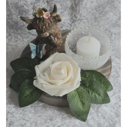 Teelicht Scheibe Hochlandrind/Rose creme