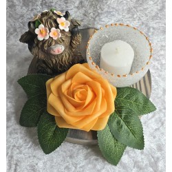 Teelicht Scheibe Hochlandrind/Rose orange