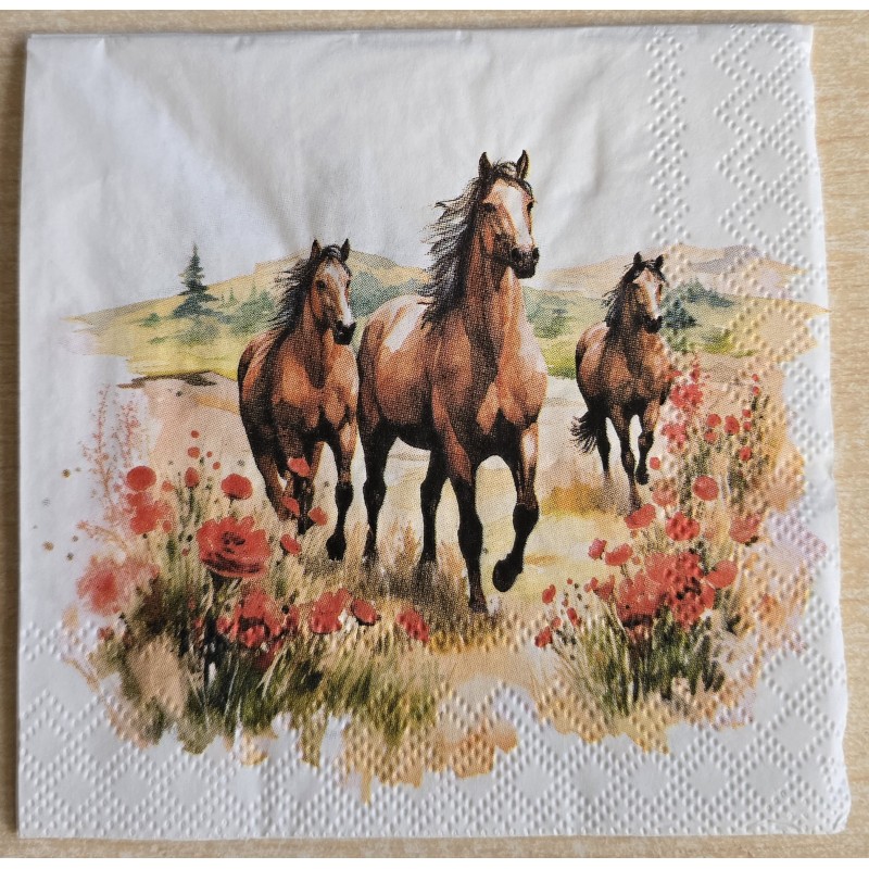 Serviette Drei Pferde und rote Blumen