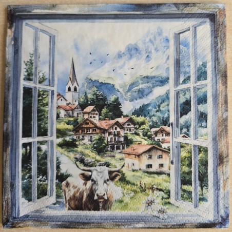 Serviette Fenster/Kuh/Dorf/Berge