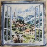Serviette Fenster/Kuh/Dorf/Berge