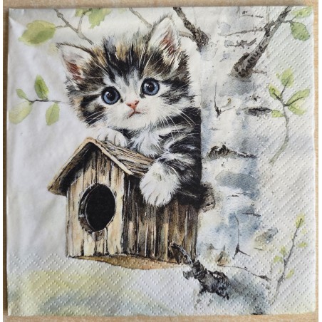 Serviette Katze/Baum/Vogelhäuschen