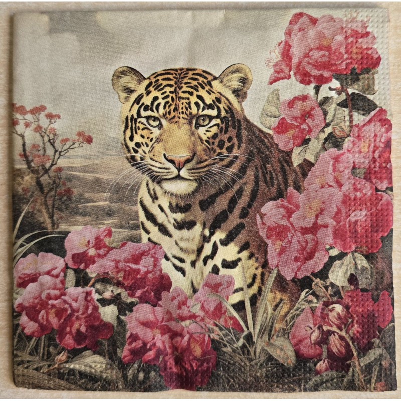 Serviette Leopard und pinke Blumen