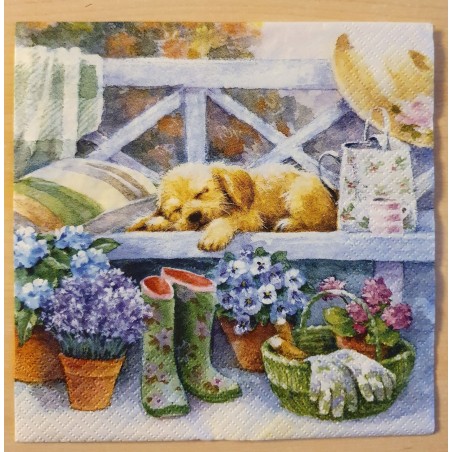 Servietten Hund auf Gartenbank