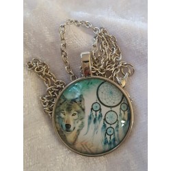 Kette mit Cabochon-Anhänger Wolf/Traumfänger