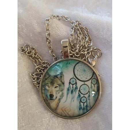 Kette mit Cabochon-Anhänger Wolf/Traumfänger