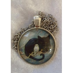 Kette mit Cabochon-Anhänger Katze mit Eule