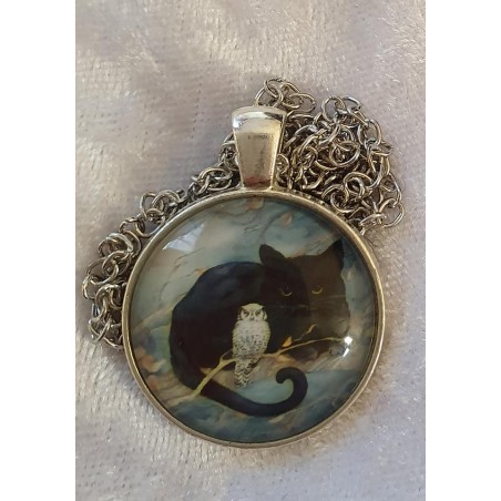 Kette mit Cabochon-Anhänger Katze mit Eule